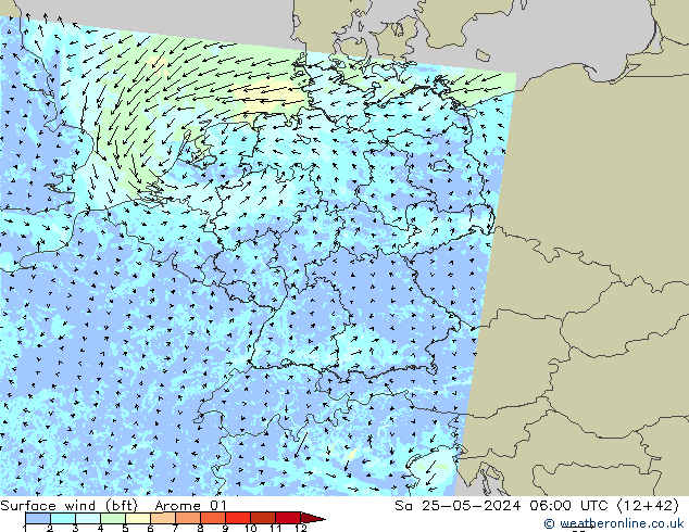 Vento 10 m (bft) Arome 01 sab 25.05.2024 06 UTC