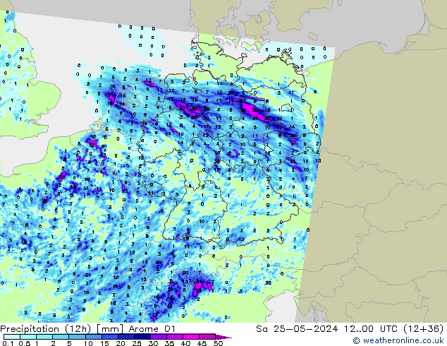 Precipitación (12h) Arome 01 sáb 25.05.2024 00 UTC