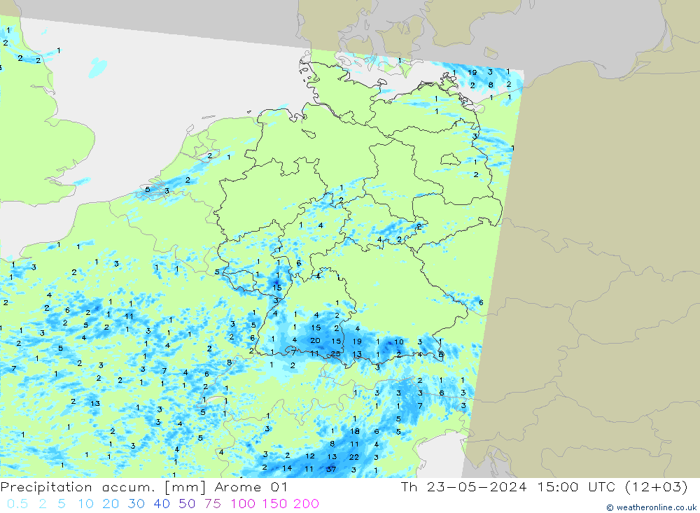 Totale neerslag Arome 01 do 23.05.2024 15 UTC
