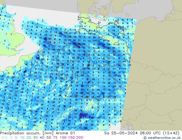 Totale neerslag Arome 01 za 25.05.2024 06 UTC