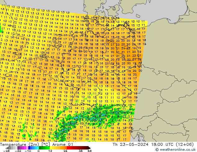 Temperaturkarte (2m) Arome 01 Do 23.05.2024 18 UTC