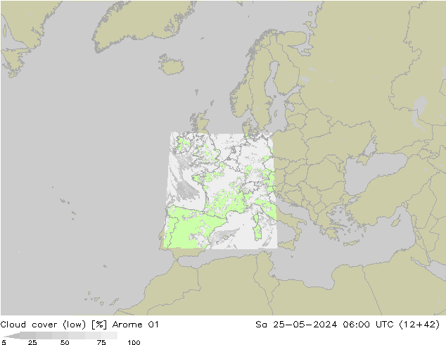 Bewolking (Laag) Arome 01 za 25.05.2024 06 UTC