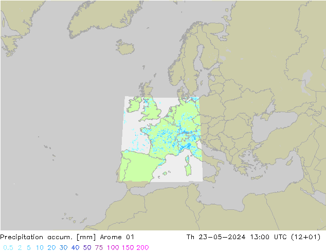 Precipitation accum. Arome 01 星期四 23.05.2024 13 UTC