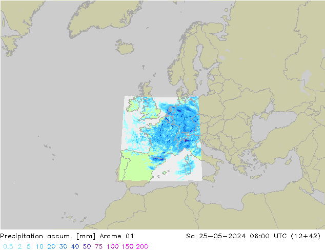 Precipitation accum. Arome 01 Sáb 25.05.2024 06 UTC