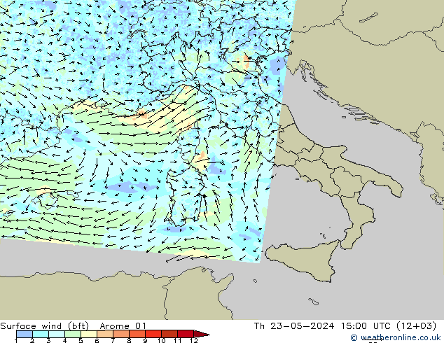 Wind 10 m (bft) Arome 01 do 23.05.2024 15 UTC