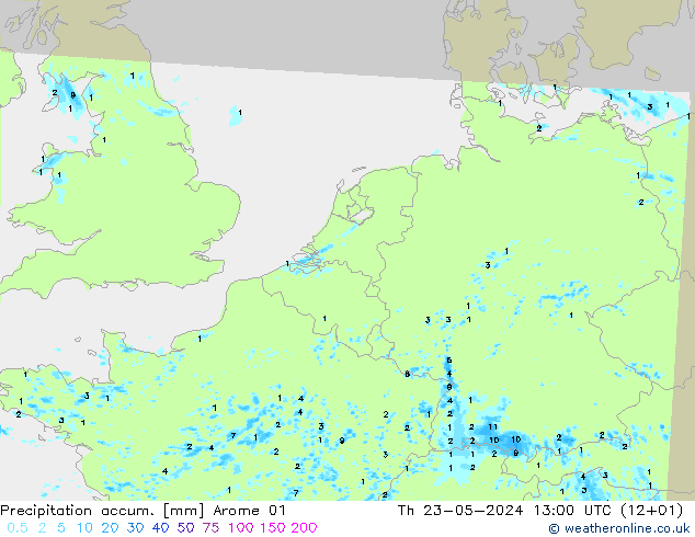 Precipitation accum. Arome 01 Th 23.05.2024 13 UTC