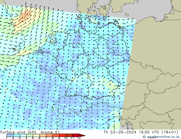 Wind 10 m (bft) Arome 01 do 23.05.2024 19 UTC