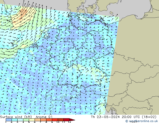 �N 10 米 (bft) Arome 01 星期四 23.05.2024 20 UTC