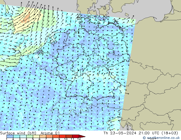 Bodenwind (bft) Arome 01 Do 23.05.2024 21 UTC