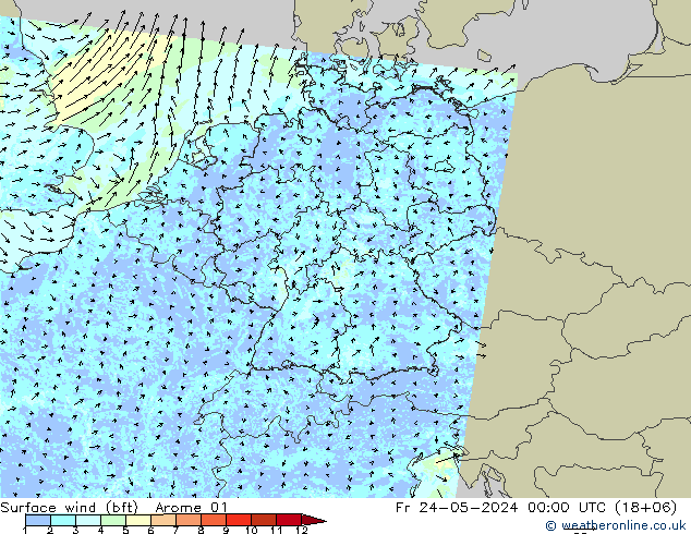 Wind 10 m (bft) Arome 01 vr 24.05.2024 00 UTC