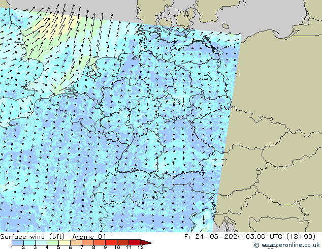 Bodenwind (bft) Arome 01 Fr 24.05.2024 03 UTC