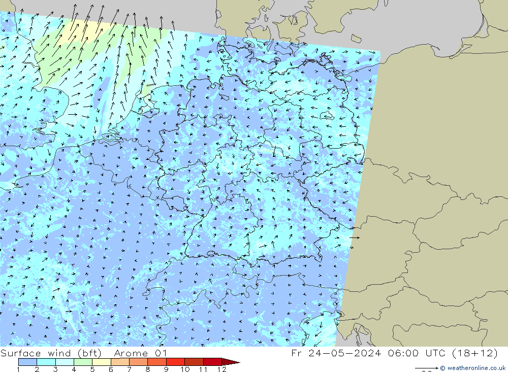 Rüzgar 10 m (bft) Arome 01 Cu 24.05.2024 06 UTC