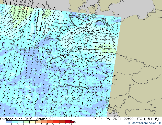 Surface wind (bft) Arome 01 Fr 24.05.2024 09 UTC