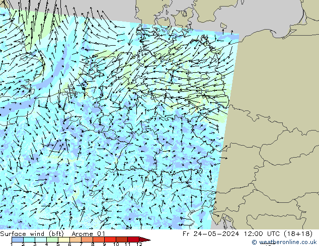 Rüzgar 10 m (bft) Arome 01 Cu 24.05.2024 12 UTC