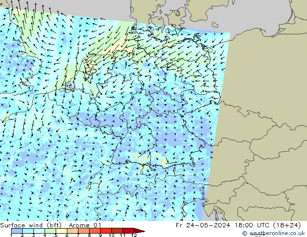 wiatr 10 m (bft) Arome 01 pt. 24.05.2024 18 UTC