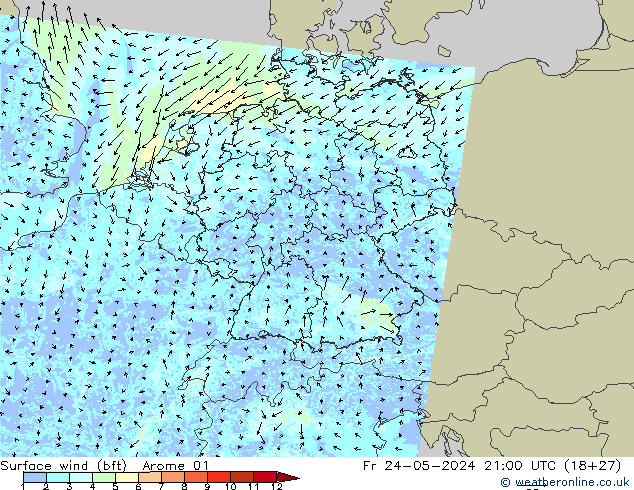 wiatr 10 m (bft) Arome 01 pt. 24.05.2024 21 UTC