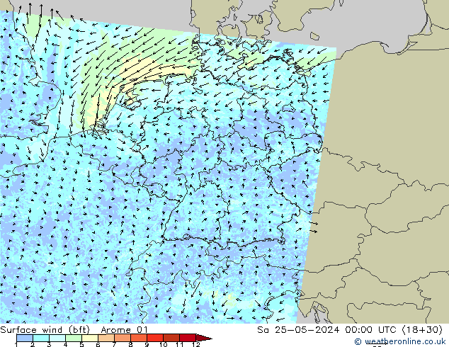 Vento 10 m (bft) Arome 01 Sáb 25.05.2024 00 UTC