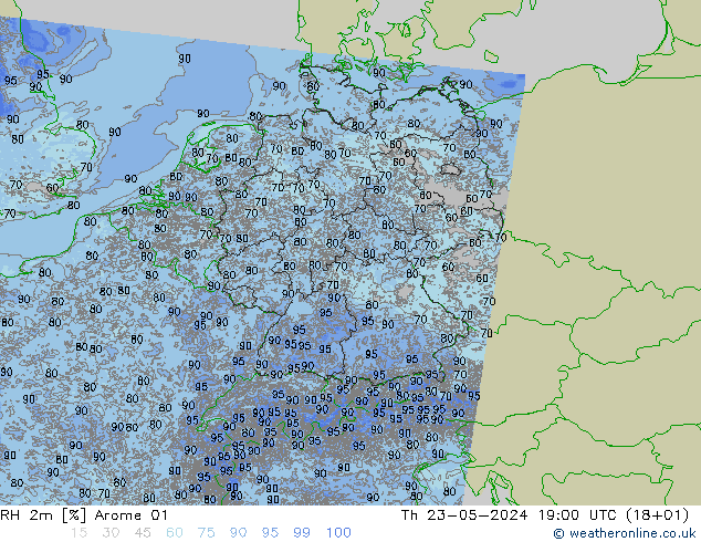 RH 2m Arome 01 星期四 23.05.2024 19 UTC