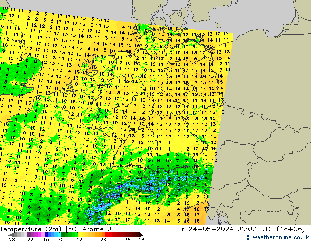 Temperatura (2m) Arome 01 vie 24.05.2024 00 UTC