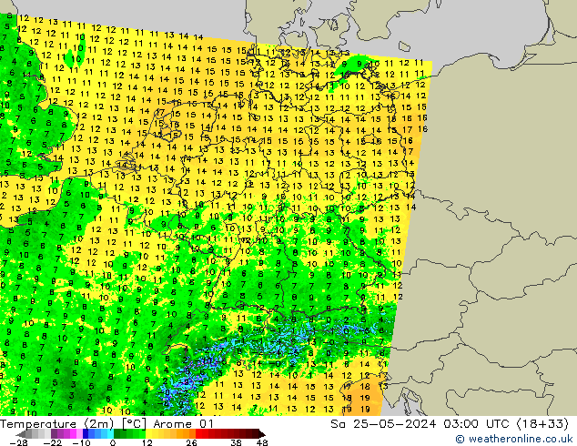 Sıcaklık Haritası (2m) Arome 01 Cts 25.05.2024 03 UTC