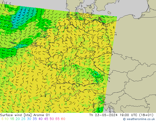 风 10 米 Arome 01 星期四 23.05.2024 19 UTC