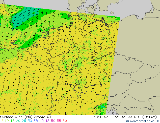 Viento 10 m Arome 01 vie 24.05.2024 00 UTC