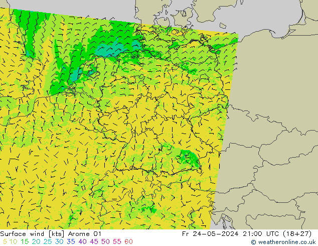 Viento 10 m Arome 01 vie 24.05.2024 21 UTC