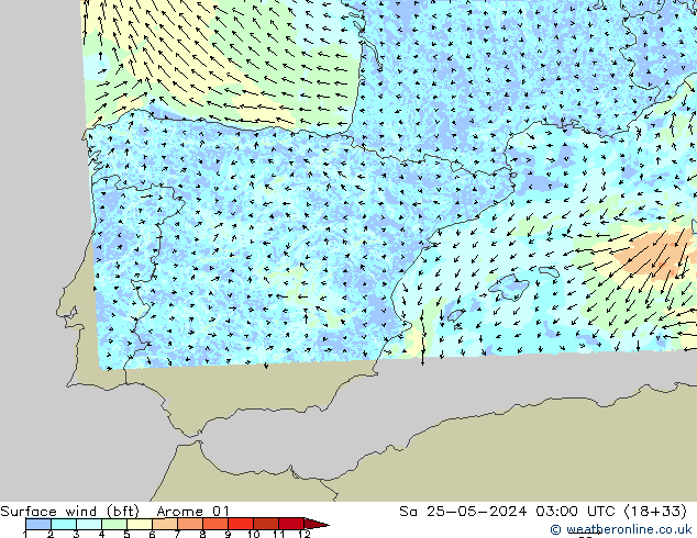 Surface wind (bft) Arome 01 Sa 25.05.2024 03 UTC