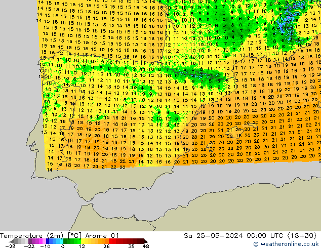 Temperature (2m) Arome 01 Sa 25.05.2024 00 UTC