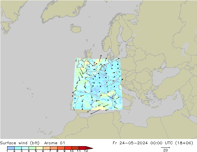 Wind 10 m (bft) Arome 01 vr 24.05.2024 00 UTC