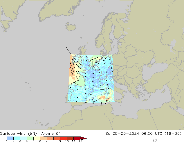 Vento 10 m (bft) Arome 01 Sáb 25.05.2024 06 UTC