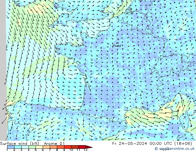 Bodenwind (bft) Arome 01 Fr 24.05.2024 00 UTC