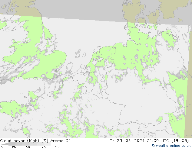 Nubes altas Arome 01 jue 23.05.2024 21 UTC