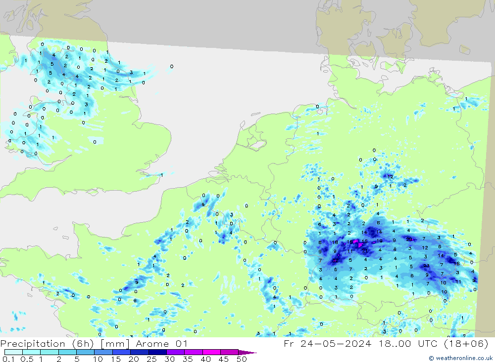 Precipitation (6h) Arome 01 Fr 24.05.2024 00 UTC