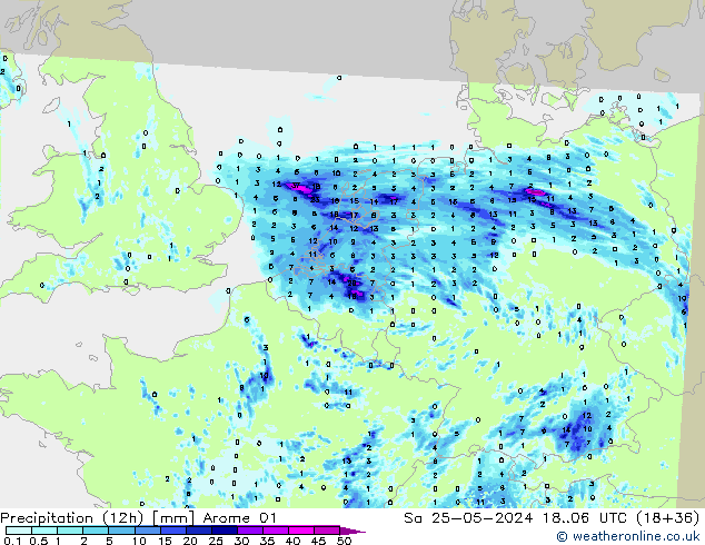 Precipitazione (12h) Arome 01 sab 25.05.2024 06 UTC