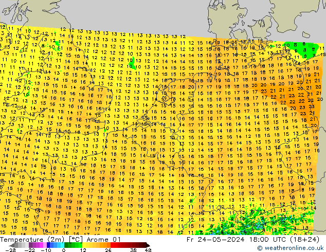Temperaturkarte (2m) Arome 01 Fr 24.05.2024 18 UTC