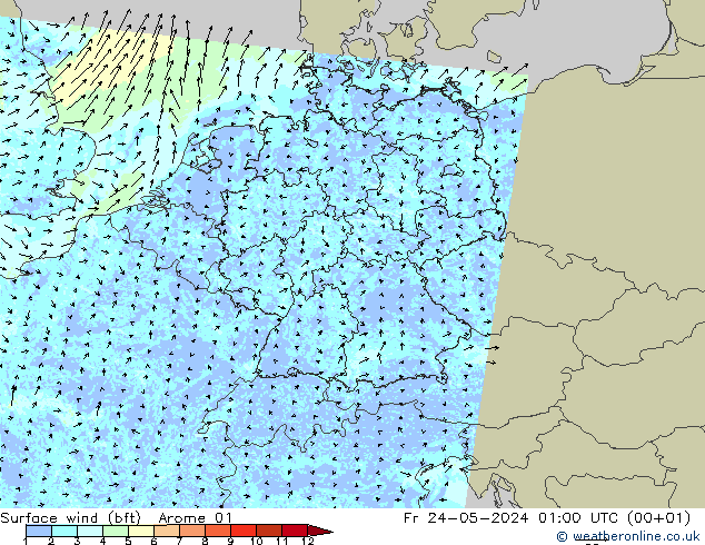 Wind 10 m (bft) Arome 01 vr 24.05.2024 01 UTC