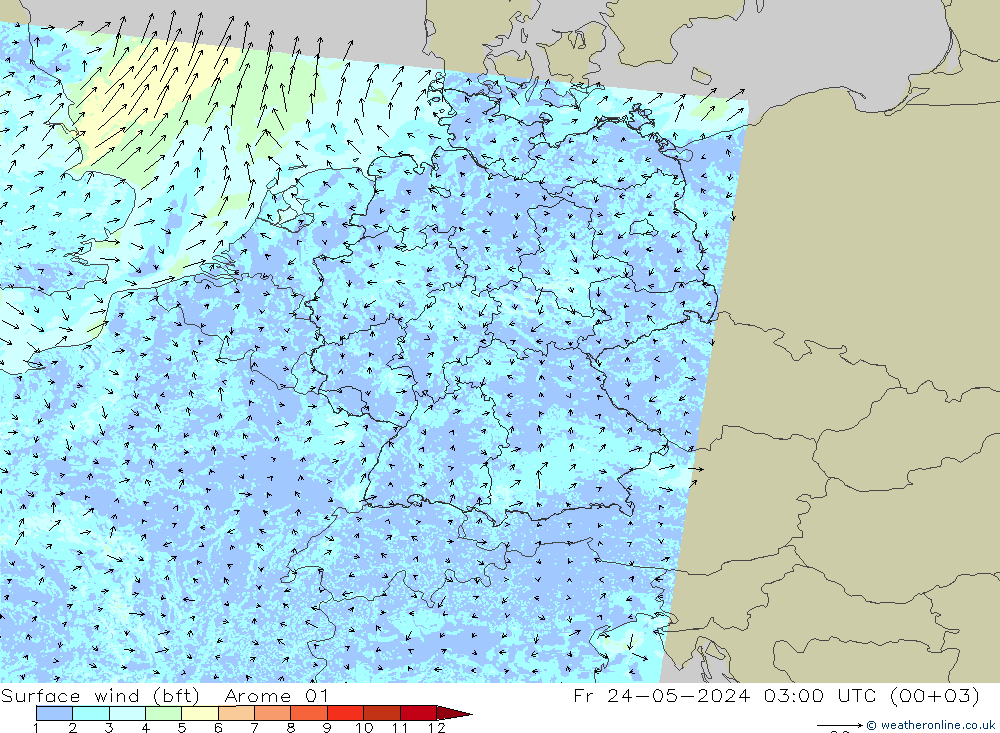 Viento 10 m (bft) Arome 01 vie 24.05.2024 03 UTC