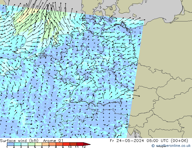 �N 10 米 (bft) Arome 01 星期五 24.05.2024 06 UTC