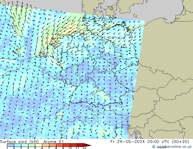 �N 10 米 (bft) Arome 01 星期五 24.05.2024 20 UTC