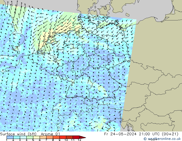 �N 10 米 (bft) Arome 01 星期五 24.05.2024 21 UTC