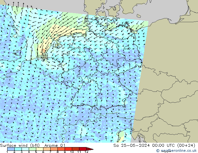 �N 10 米 (bft) Arome 01 星期六 25.05.2024 00 UTC