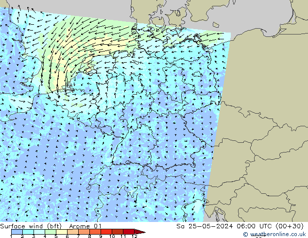 wiatr 10 m (bft) Arome 01 so. 25.05.2024 06 UTC