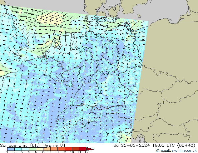 Bodenwind (bft) Arome 01 Sa 25.05.2024 18 UTC