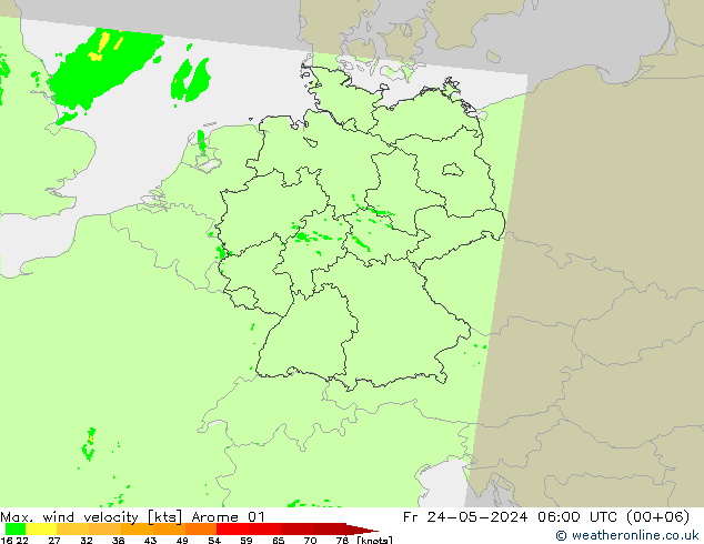 Max. wind snelheid Arome 01 vr 24.05.2024 06 UTC