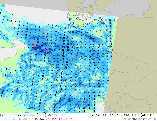 Totale neerslag Arome 01 za 25.05.2024 18 UTC