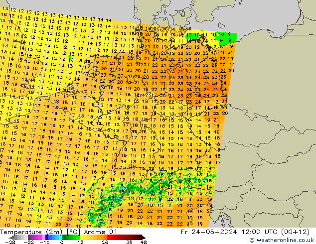 Temperaturkarte (2m) Arome 01 Fr 24.05.2024 12 UTC