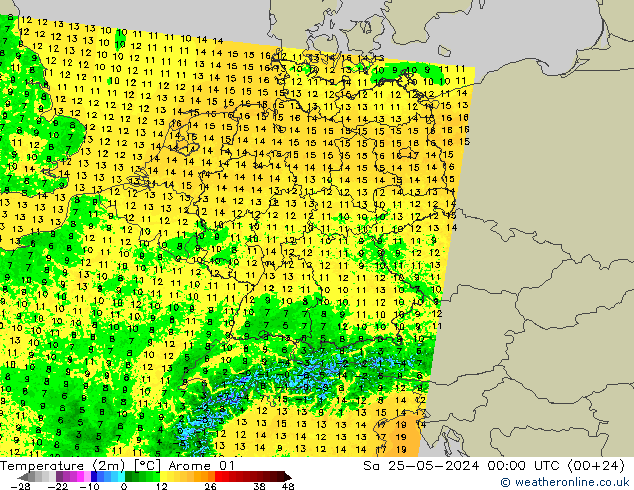 Temperaturkarte (2m) Arome 01 Sa 25.05.2024 00 UTC