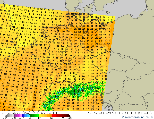 Sıcaklık Haritası (2m) Arome 01 Cts 25.05.2024 18 UTC