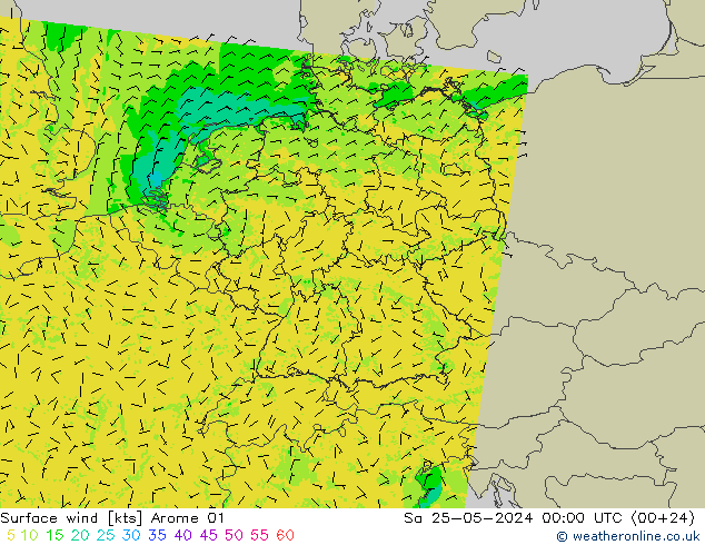 风 10 米 Arome 01 星期六 25.05.2024 00 UTC
